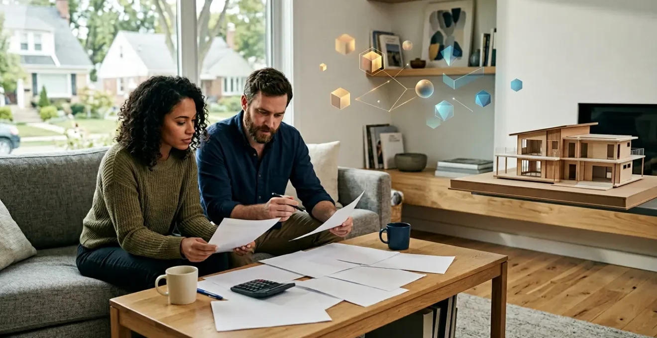 Couple étudiant des documents financiers devant une maison contemporaine avec calculatrice et graphiques de taux d'intérêt