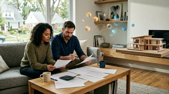 Couple étudiant des documents financiers devant une maison contemporaine avec calculatrice et graphiques de taux d'intérêt