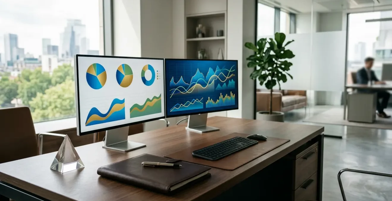 Vue professionnelle d'un bureau d'analyste financier montrant graphiques et courbes d'allocation d'actifs