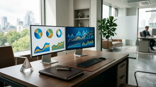 Vue professionnelle d'un bureau d'analyste financier montrant graphiques et courbes d'allocation d'actifs