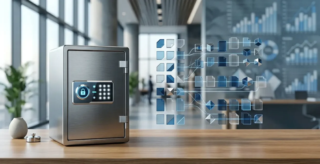Organisation stratégique d'archives bancaires numériques avec coffre-fort et documents sécurisés