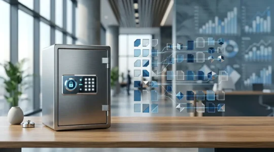 Organisation stratégique d'archives bancaires numériques avec coffre-fort et documents sécurisés
