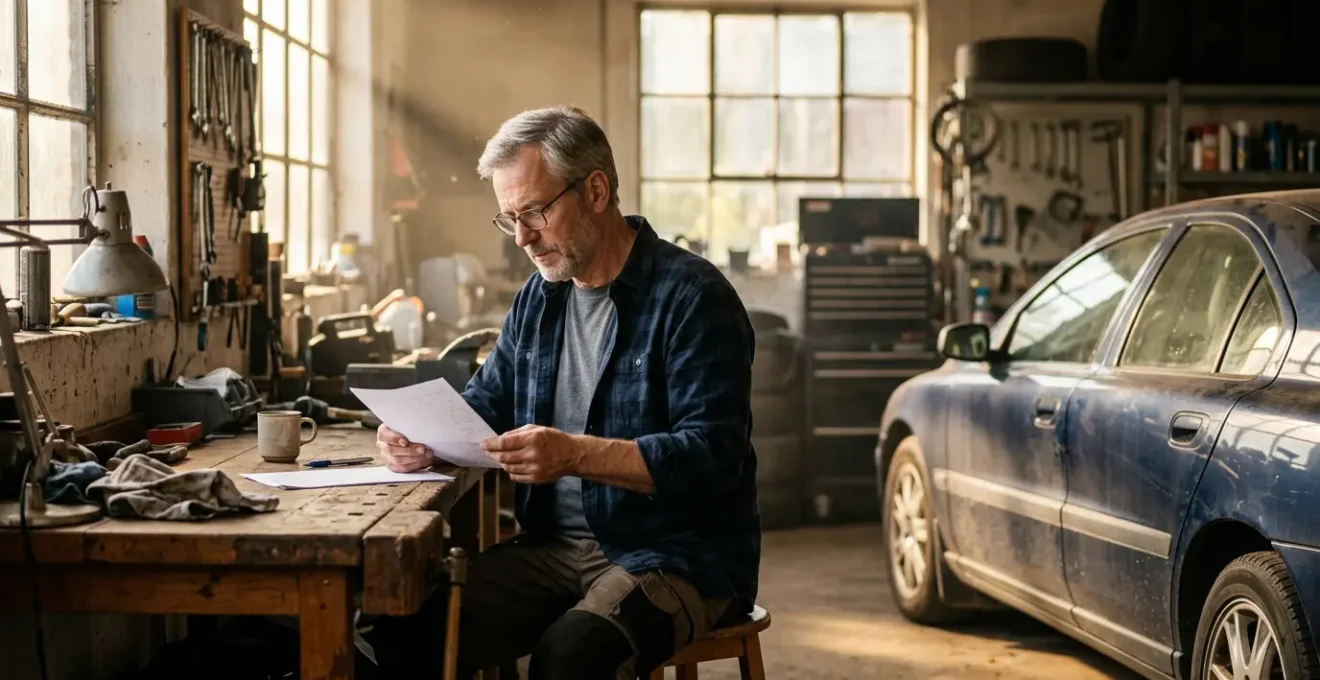 Conducteur analysant des documents d'assurance pour un véhicule ancien dans un garage