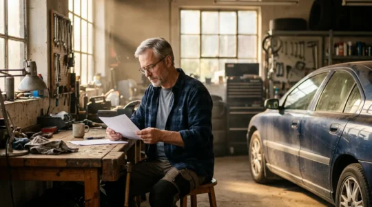 Conducteur analysant des documents d'assurance pour un véhicule ancien dans un garage