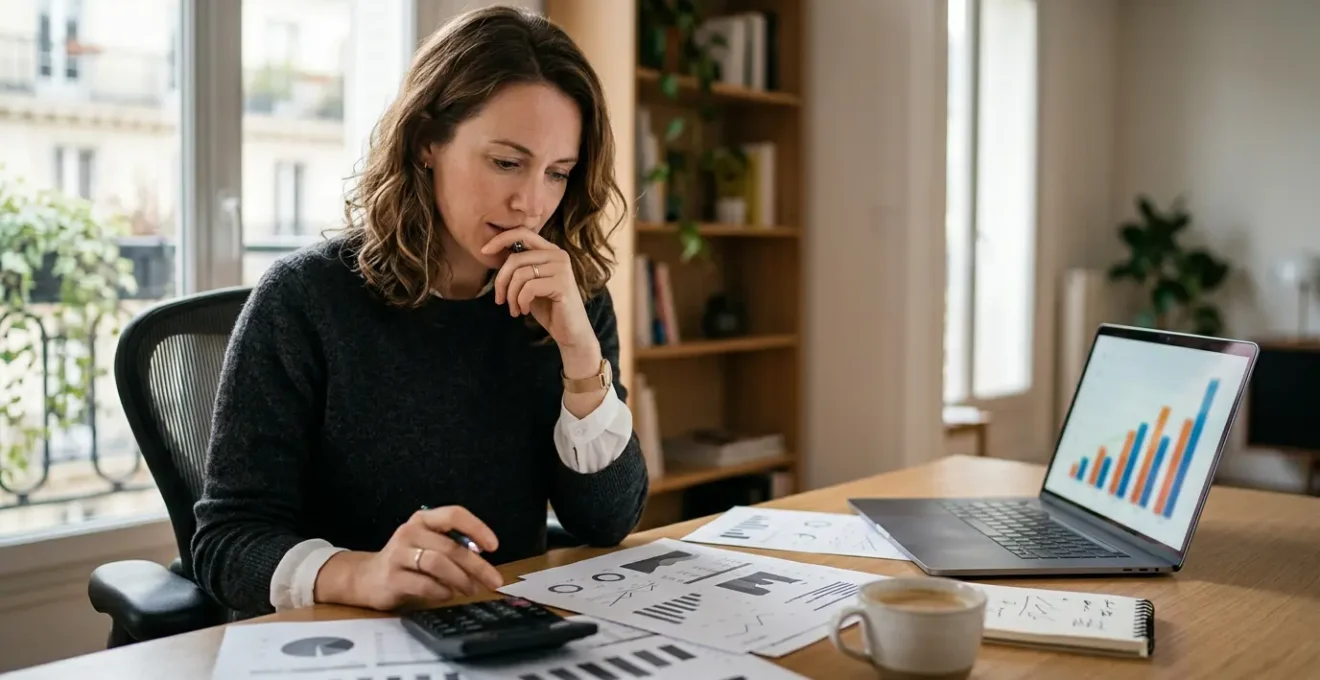 Personne analysant des documents financiers avec une calculatrice et un ordinateur portable montrant des graphiques d'évolution de capacité d'emprunt
