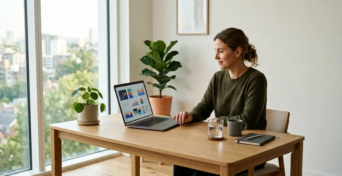 Un entrepreneur travaille sereinement dans un bureau moderne avec des tableaux de bord financiers automatisés