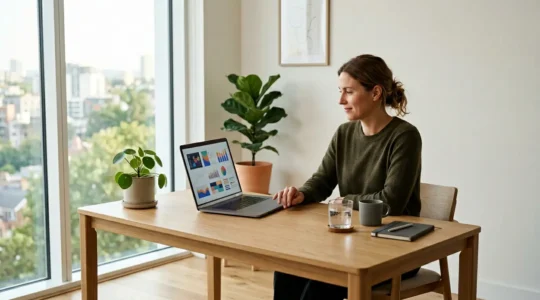 Un entrepreneur travaille sereinement dans un bureau moderne avec des tableaux de bord financiers automatisés