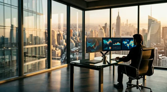 Cadre dirigeant dans un bureau moderne avec vue sur la ville analysant des données financières sur plusieurs écrans