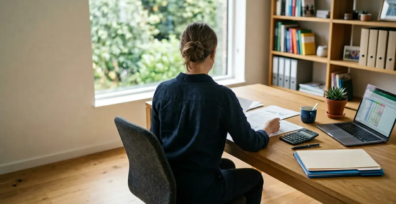 Bureau moderne avec inventaire de biens mobiliers et calculatrice pour évaluer le capital d'assurance habitation