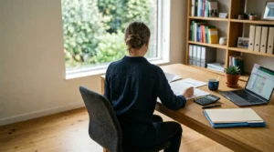 Bureau moderne avec inventaire de biens mobiliers et calculatrice pour évaluer le capital d'assurance habitation