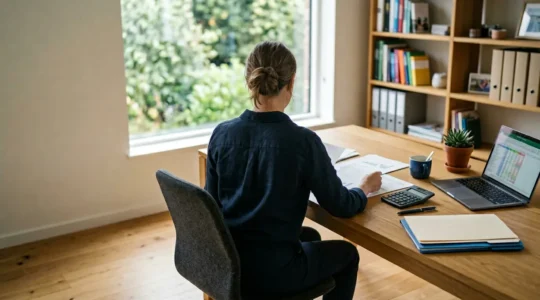 Bureau moderne avec inventaire de biens mobiliers et calculatrice pour évaluer le capital d'assurance habitation