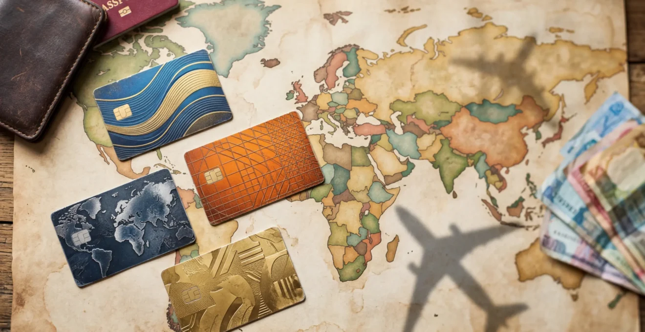 Cartes bancaires premium posées sur carte du monde avec destinations de voyage