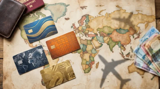 Cartes bancaires premium posées sur carte du monde avec destinations de voyage