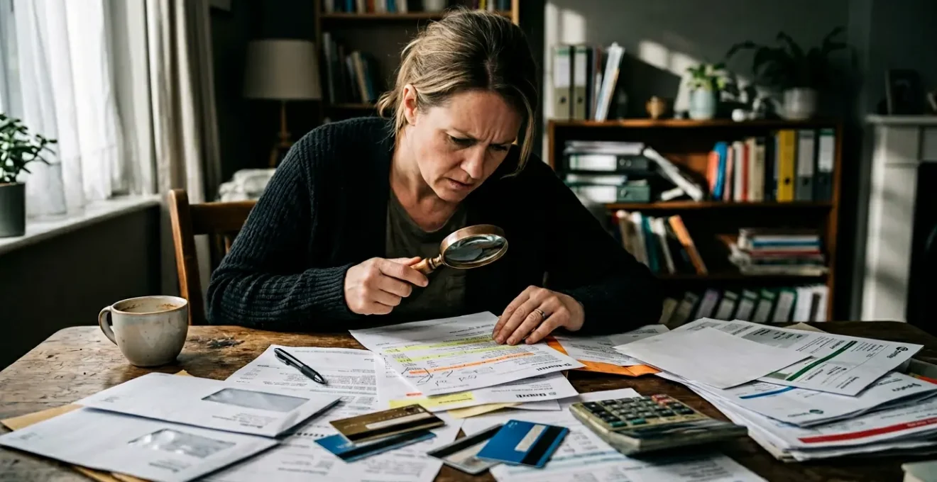 Personne analysant ses relevés bancaires avec une loupe pour détecter les prélèvements récurrents oubliés