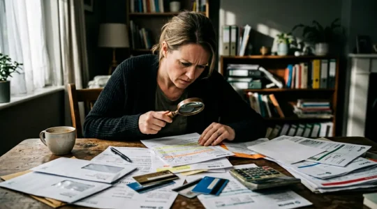 Personne analysant ses relevés bancaires avec une loupe pour détecter les prélèvements récurrents oubliés