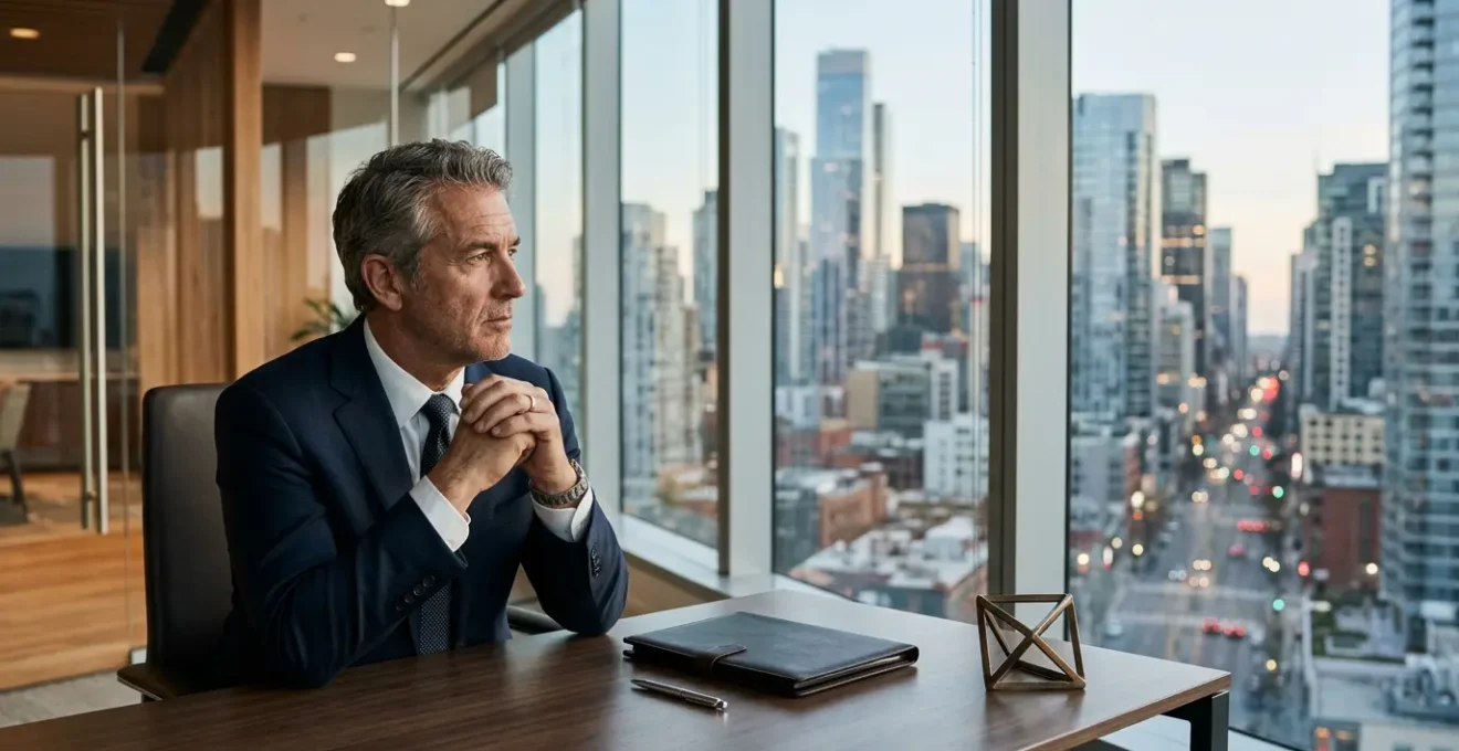 Portrait d'un dirigeant analysant des documents financiers dans son bureau moderne avec vue sur la ville