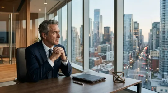 Portrait d'un dirigeant analysant des documents financiers dans son bureau moderne avec vue sur la ville