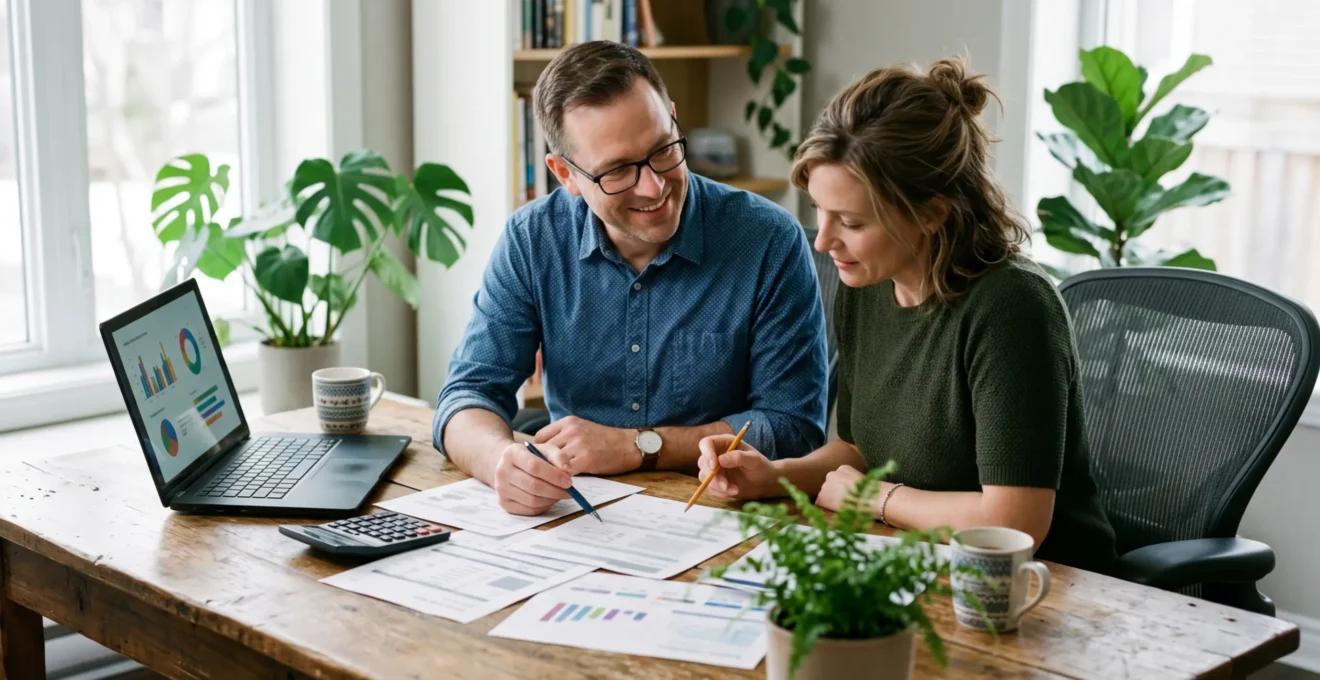 Couple examinant attentivement leurs documents d'assurance sur un bureau moderne