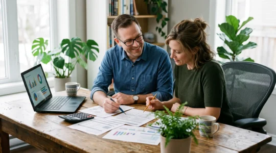 Couple examinant attentivement leurs documents d'assurance sur un bureau moderne
