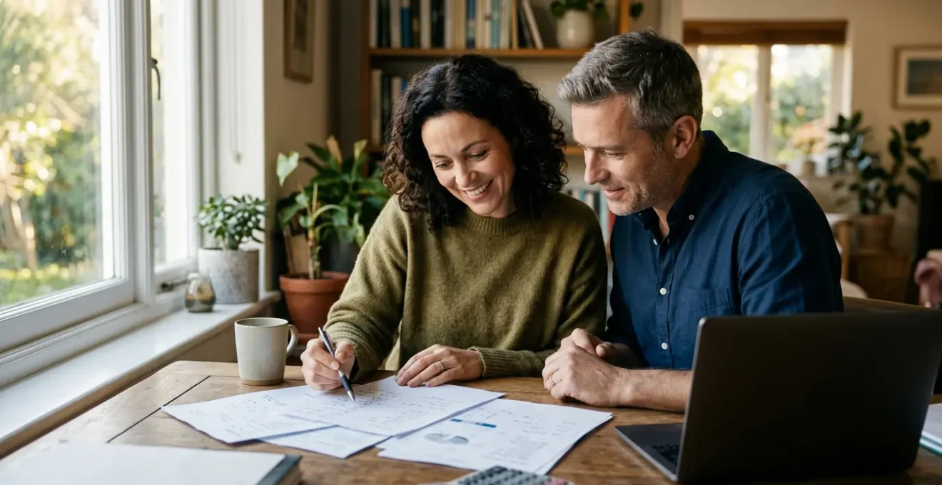 Couple analysant des documents de rachat de prêt immobilier avec calculatrice et ordinateur