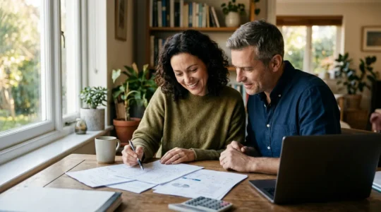 Couple analysant des documents de rachat de prêt immobilier avec calculatrice et ordinateur