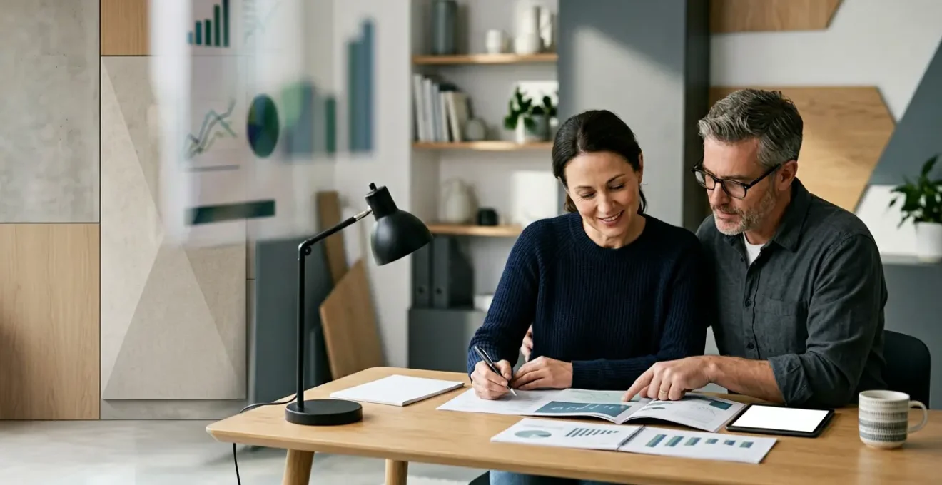 Un couple quadragénaire consulte des documents financiers dans un espace épuré avec vue sur un horizon lointain symbolisant leur avenir financier