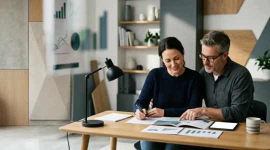 Un couple quadragénaire consulte des documents financiers dans un espace épuré avec vue sur un horizon lointain symbolisant leur avenir financier