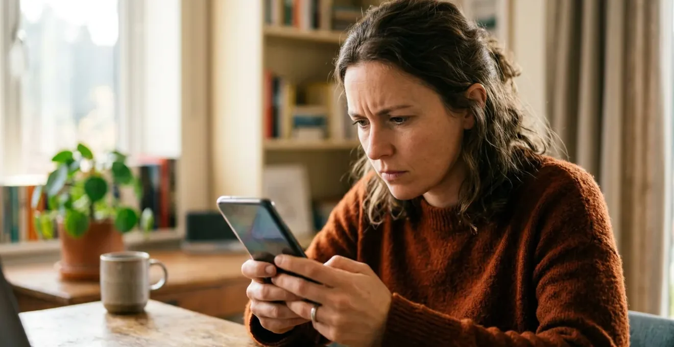 Personne analysant attentivement son application bancaire sur smartphone avec des détails de transaction visibles en arrière-plan flou