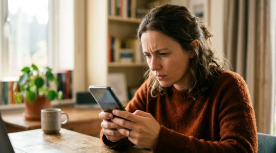 Personne analysant attentivement son application bancaire sur smartphone avec des détails de transaction visibles en arrière-plan flou