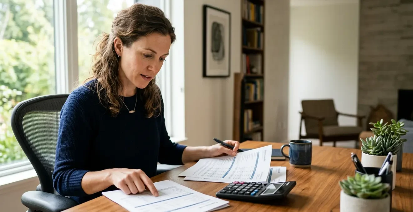 Personne analysant des documents d'assurance de prêt avec une calculatrice et des graphiques montrant des économies potentielles