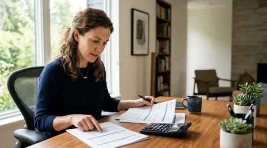 Personne analysant des documents d'assurance de prêt avec une calculatrice et des graphiques montrant des économies potentielles