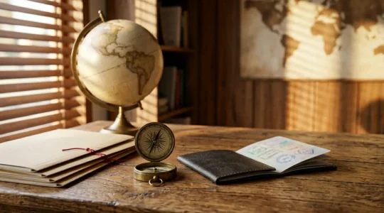 Bureau moderne avec documents fiscaux et carte du monde en arrière-plan