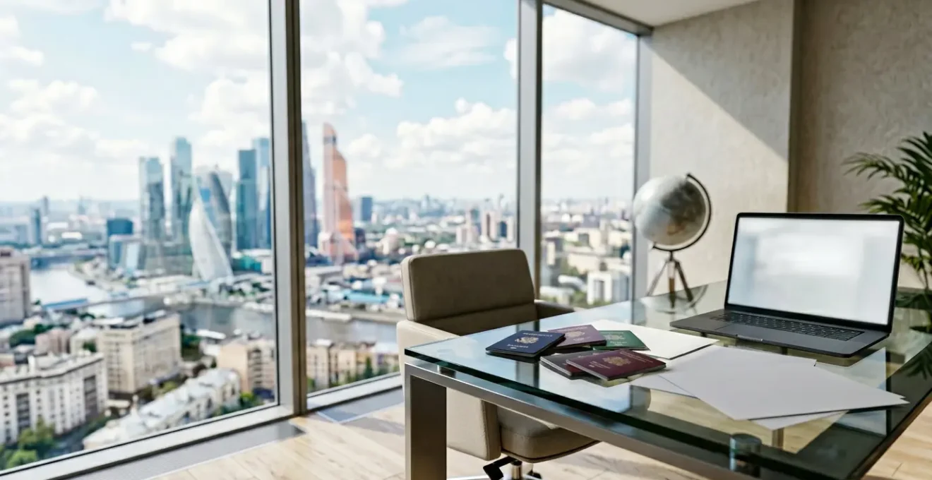 Bureau moderne avec documents fiscaux internationaux et passeports multiples étalés sur une table