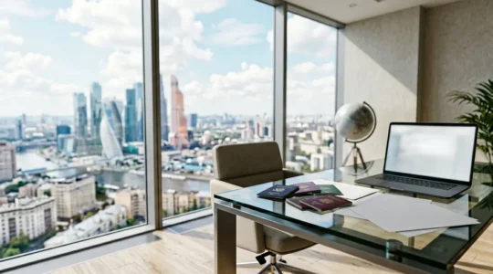 Bureau moderne avec documents fiscaux internationaux et passeports multiples étalés sur une table