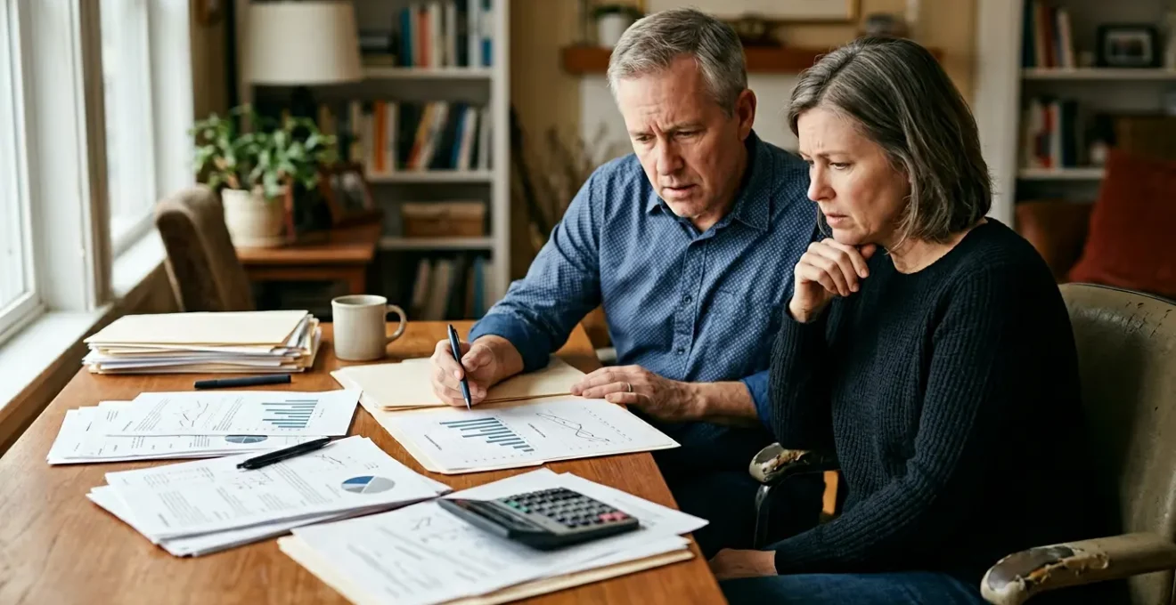 Famille analysant documents patrimoniaux dans un intérieur lumineux avec calculatrice et graphiques