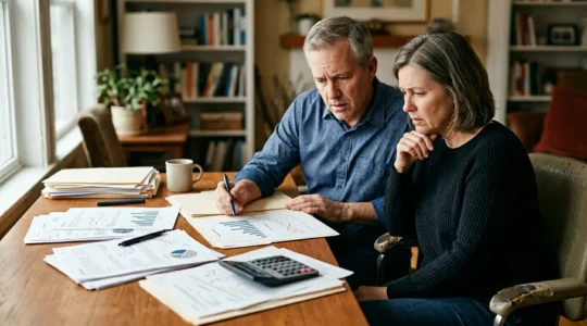 Famille analysant documents patrimoniaux dans un intérieur lumineux avec calculatrice et graphiques
