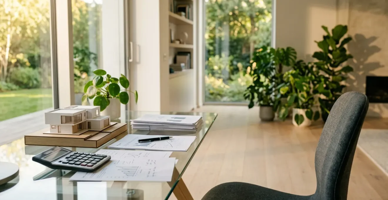 Vue d'un bureau moderne avec documents financiers et calculatrice, symbolisant la gestion stratégique du crédit immobilier