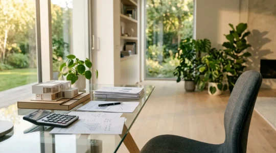 Vue d'un bureau moderne avec documents financiers et calculatrice, symbolisant la gestion stratégique du crédit immobilier
