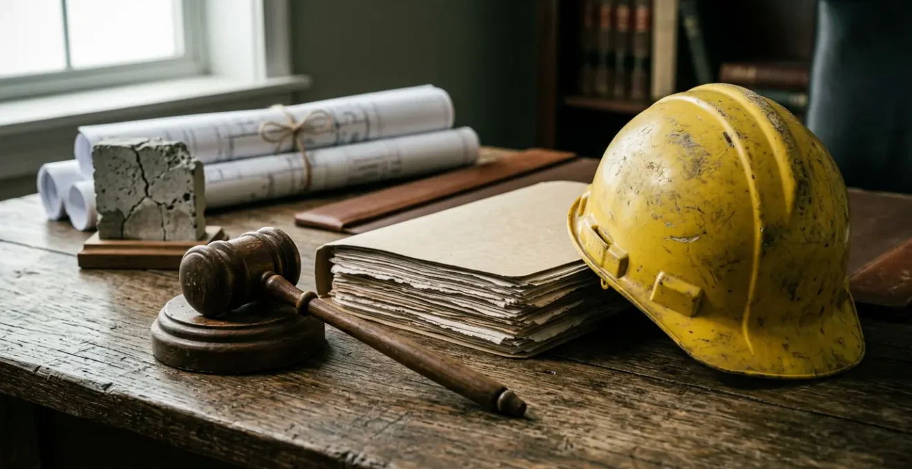 Dossier juridique de garantie décennale avec marteau de justice et casque de chantier sur bureau en bois