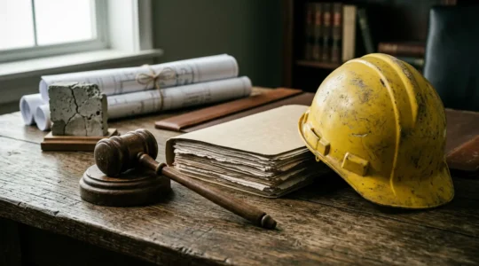 Dossier juridique de garantie décennale avec marteau de justice et casque de chantier sur bureau en bois