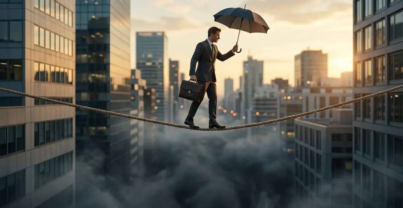 Travailleur indépendant sur un fil tendu au-dessus d'un vide représentant les risques financiers