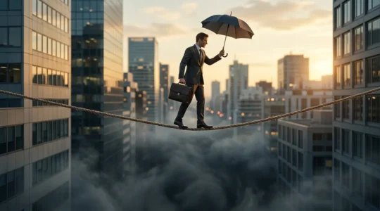 Travailleur indépendant sur un fil tendu au-dessus d'un vide représentant les risques financiers