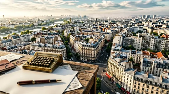 Vue aérienne d'un quartier résidentiel français avec calculatrice et documents financiers symbolisant la stratégie d'investissement immobilier