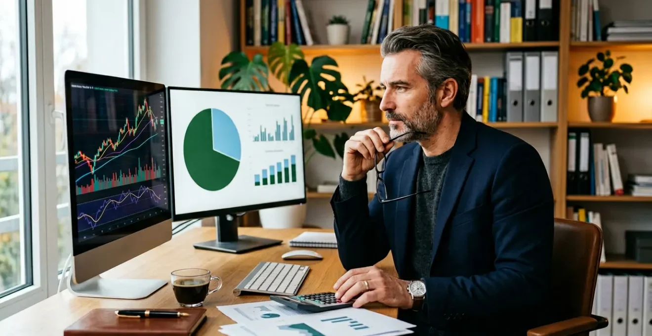 Personne analysant des graphiques de rendement financier sur écran avec calculatrice et documents d'assurance-vie