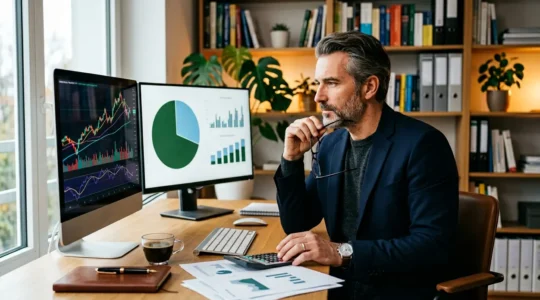 Personne analysant des graphiques de rendement financier sur écran avec calculatrice et documents d'assurance-vie