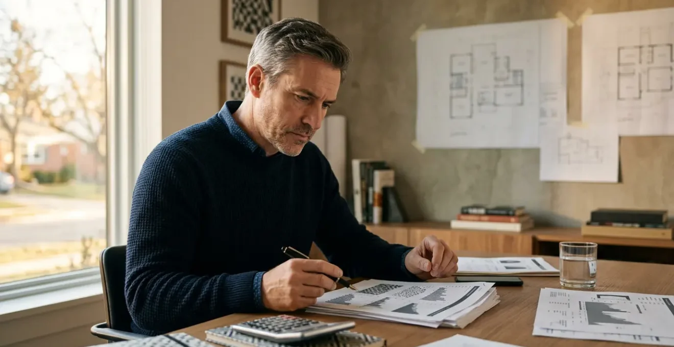 Investisseur analysant des documents fiscaux et des graphiques de rendement immobilier