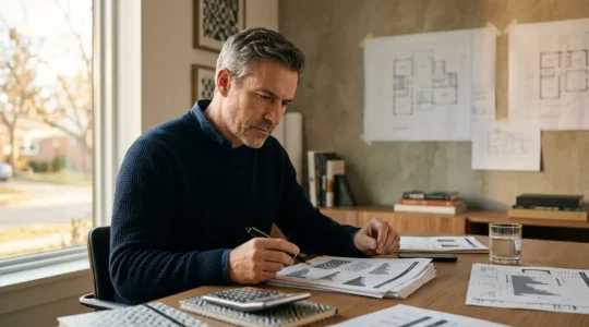 Investisseur analysant des documents fiscaux et des graphiques de rendement immobilier