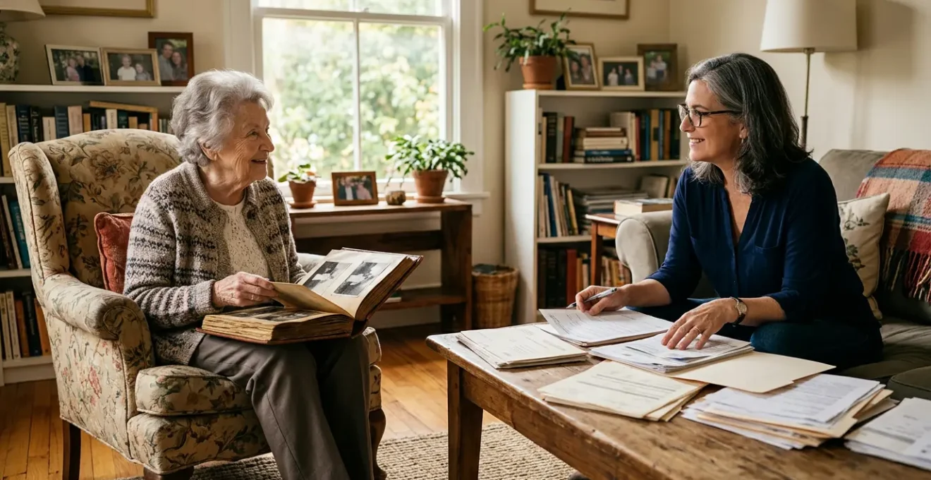 Personne âgée dans son salon chaleureux avec sa fille discutant de documents financiers