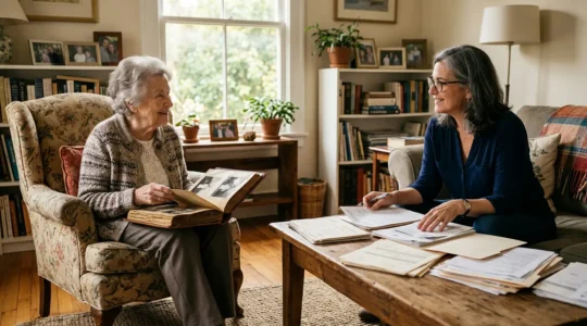 Personne âgée dans son salon chaleureux avec sa fille discutant de documents financiers