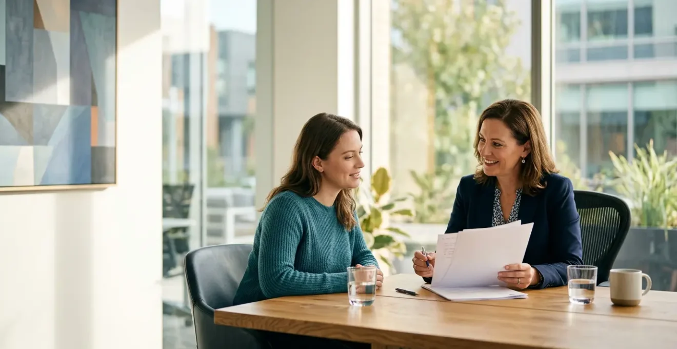 Médiateur professionnel examinant un dossier avec un client dans un bureau lumineux